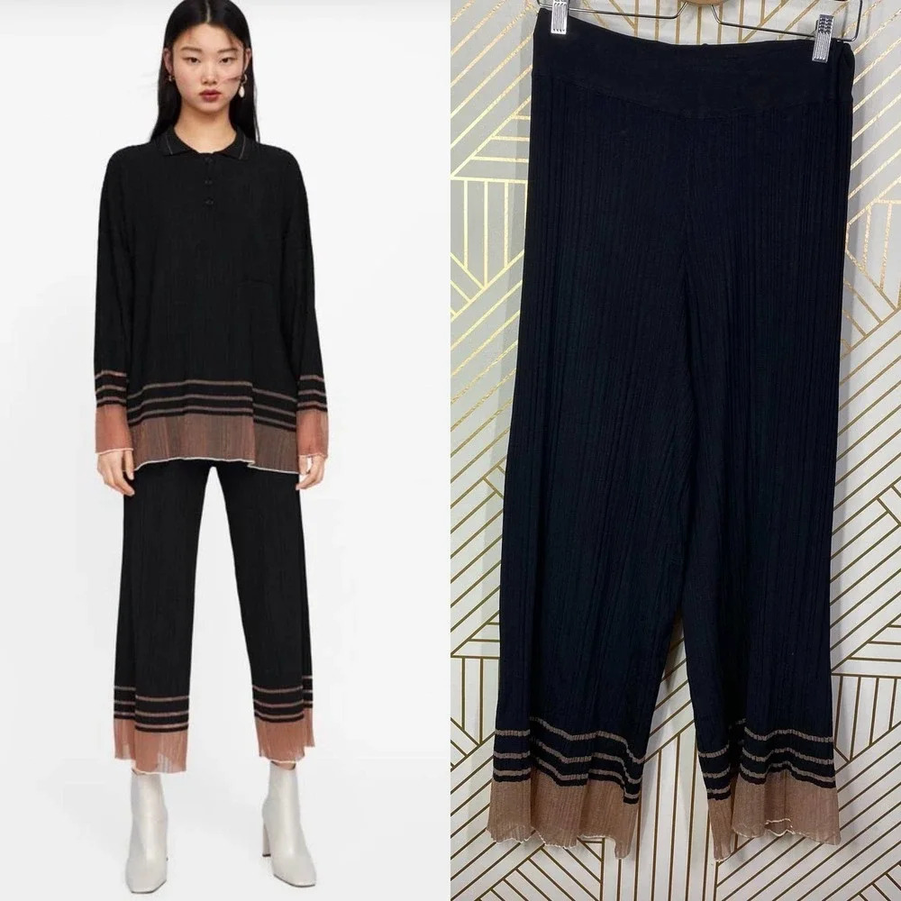 Zara Pants Textured Weave with Contrasting Hem Ribbed Black Mauve Size Medium